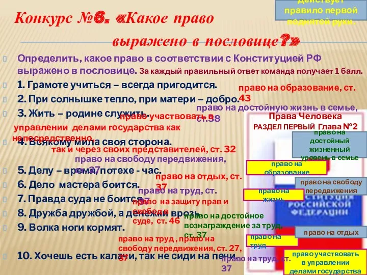 Конкурс №6. «Какое право выражено в пословице?» Определить, какое право