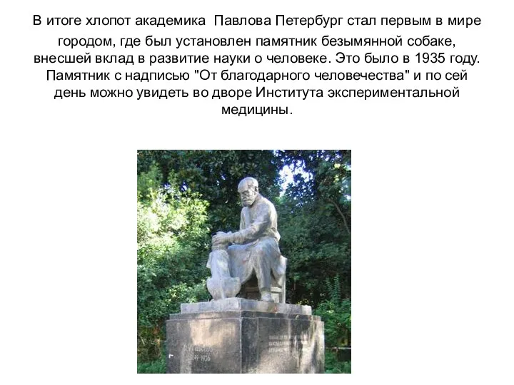 В итоге хлопот академика Павлова Петербург стал первым в мире
