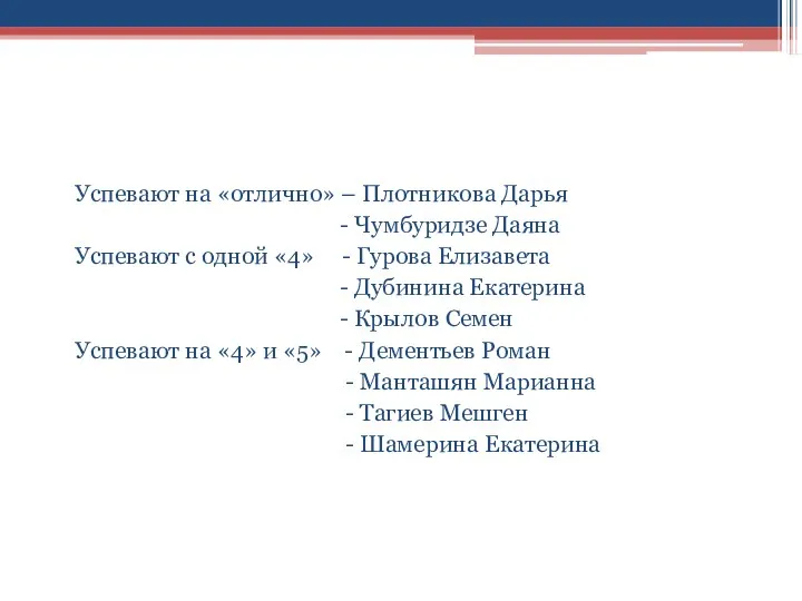 Итоги успеваемости Успевают на «отлично» – Плотникова Дарья - Чумбуридзе