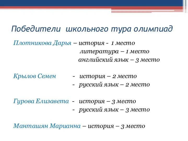 Победители школьного тура олимпиад Плотникова Дарья – история - 1