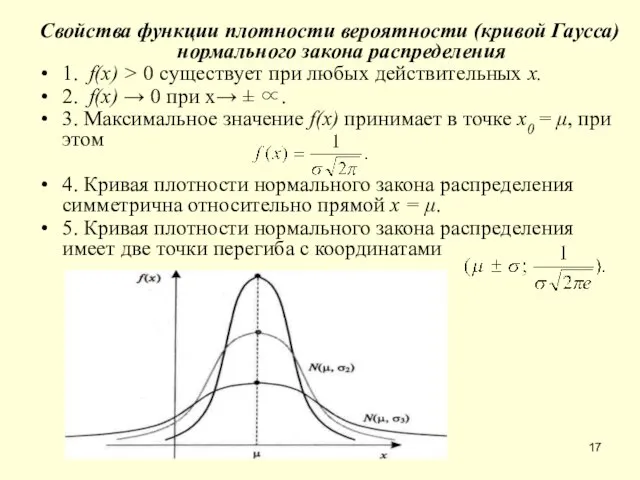 Свойства функции плотности вероятности (кривой Гаусса) нормального закона распределения 1.