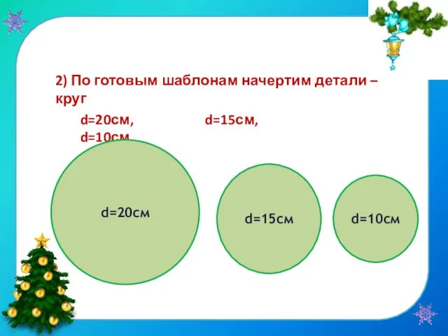 2) По готовым шаблонам начертим детали – круг d=20см, d=15см, d=10см d=20см d=15см d=10см