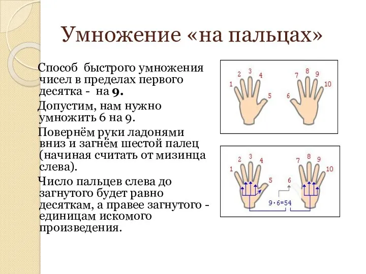 Умножение «на пальцах» Способ быстрого умножения чисел в пределах первого