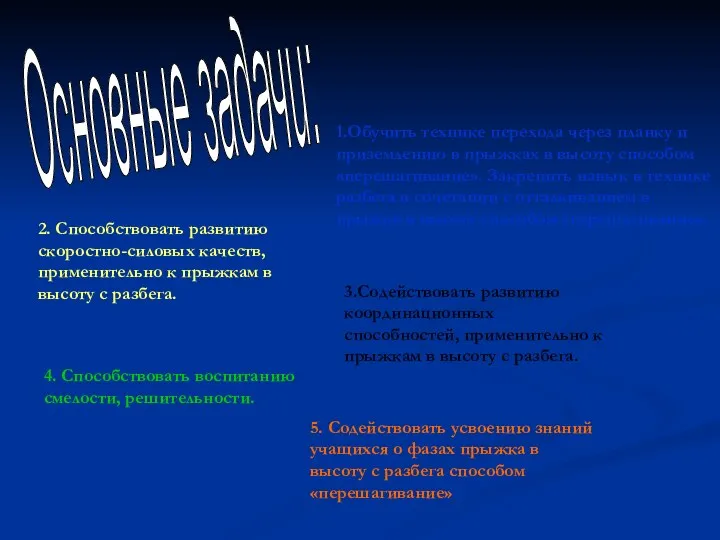 1.Обучить технике перехода через планку и приземлению в прыжках в высоту способом «перешагивание».