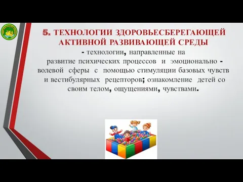 5. ТЕХНОЛОГИИ ЗДОРОВЬЕСБЕРЕГАЮЩЕЙ АКТИВНОЙ РАЗВИВАЮЩЕЙ СРЕДЫ - технологии, направленные на