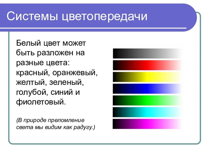 Системы цветопередачи Белый цвет может быть разложен на разные цвета: