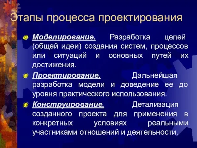 Этапы процесса проектирования Моделирование. Разработка целей (общей идеи) создания систем,