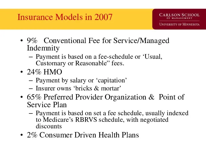 Insurance Models in 2007 9% Conventional Fee for Service/Managed Indemnity Payment is based