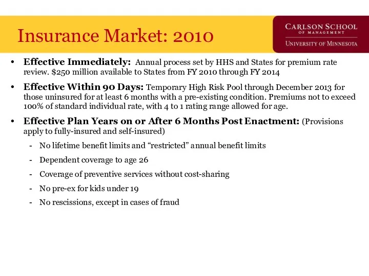 Insurance Market: 2010 Effective Immediately: Annual process set by HHS and States for