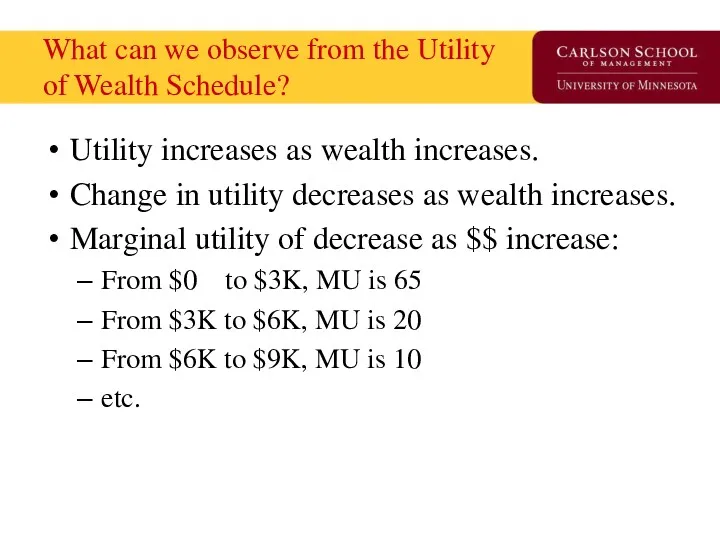 What can we observe from the Utility of Wealth Schedule? Utility increases as
