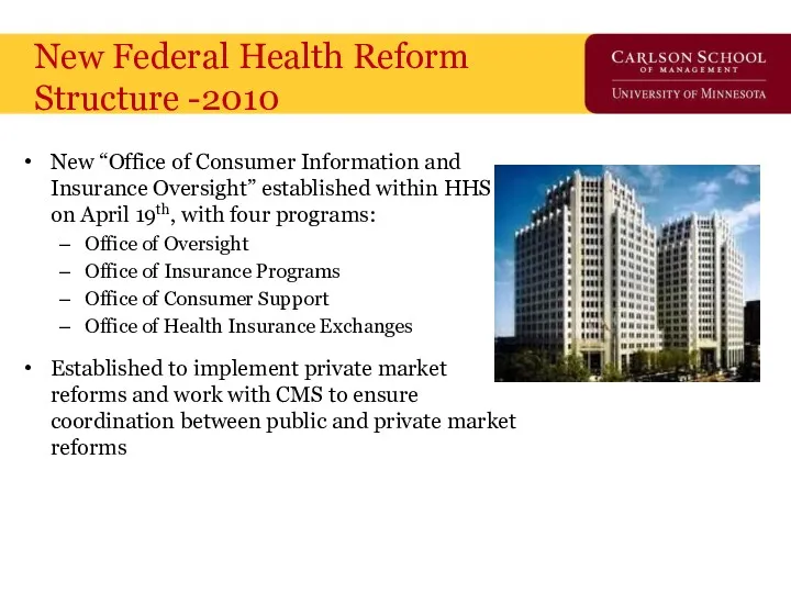 New Federal Health Reform Structure -2010 New “Office of Consumer Information and Insurance