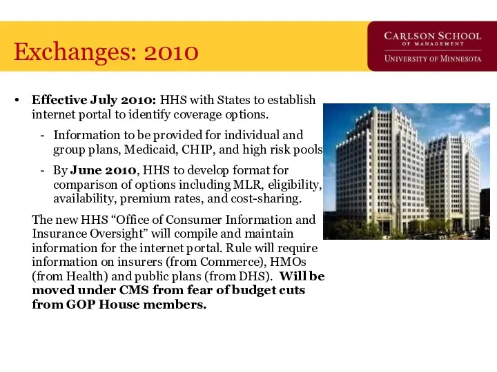 Exchanges: 2010 Effective July 2010: HHS with States to establish internet portal to