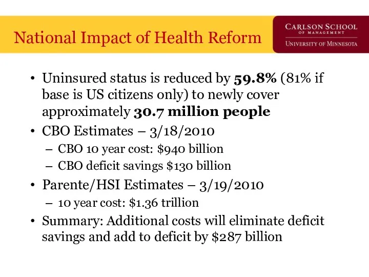 National Impact of Health Reform Uninsured status is reduced by 59.8% (81% if