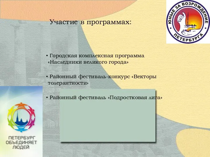 Участие в программах: Городская комплексная программа «Наследники великого города» Районный