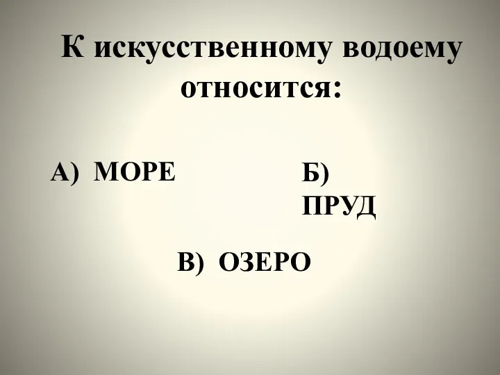 К искусственному водоему относится: А) МОРЕ Б) ПРУД В) ОЗЕРО