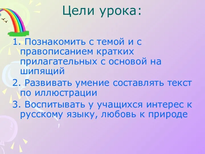 Цели урока: 1. Познакомить с темой и с правописанием кратких