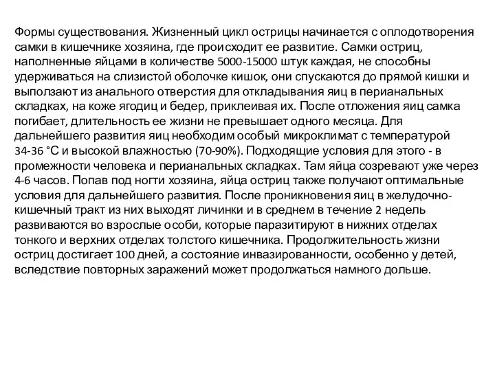 Формы существования. Жизненный цикл острицы начинается с оплодотворения самки в