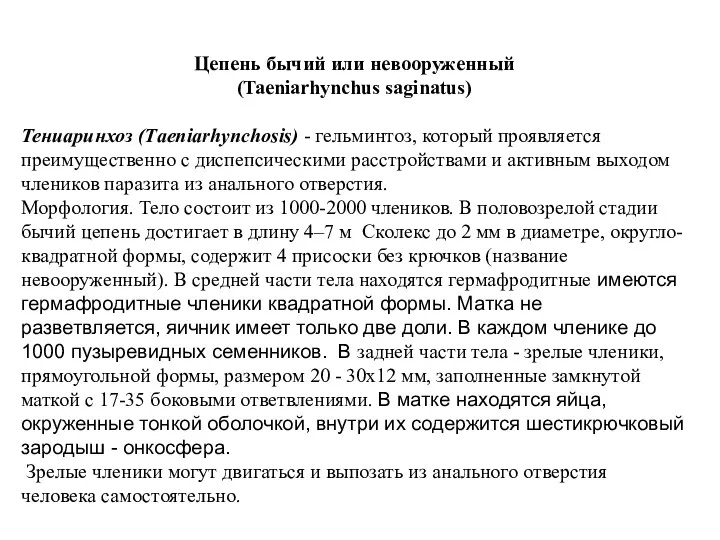 Цепень бычий или невооруженный (Taeniarhynchus saginatus) Тениаринхоз (Тaeniarhynchosis) - гельминтоз, который проявляется преимущественно