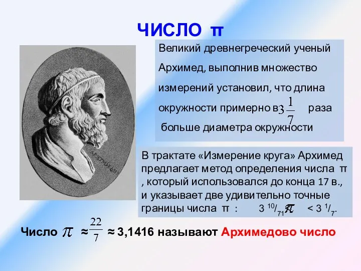 ЧИСЛО π Великий древнегреческий ученый Архимед, выполнив множество измерений установил,
