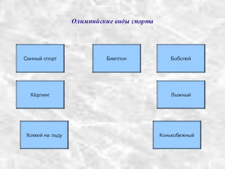 Олимпийские виды спорта Санный спорт Биатлон Бобслей Кёрлинг Хоккей на льду Конькобежный Лыжный