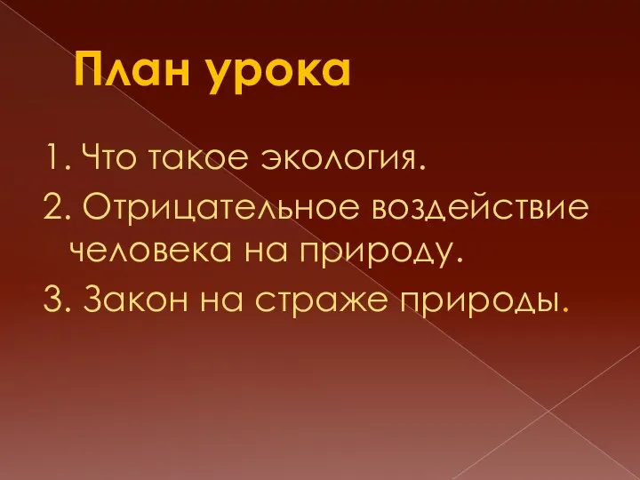 План урока 1. Что такое экология. 2. Отрицательное воздействие человека