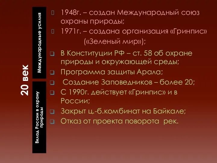 20 век Международные усилия Вклад России в охрану природы 1948г.