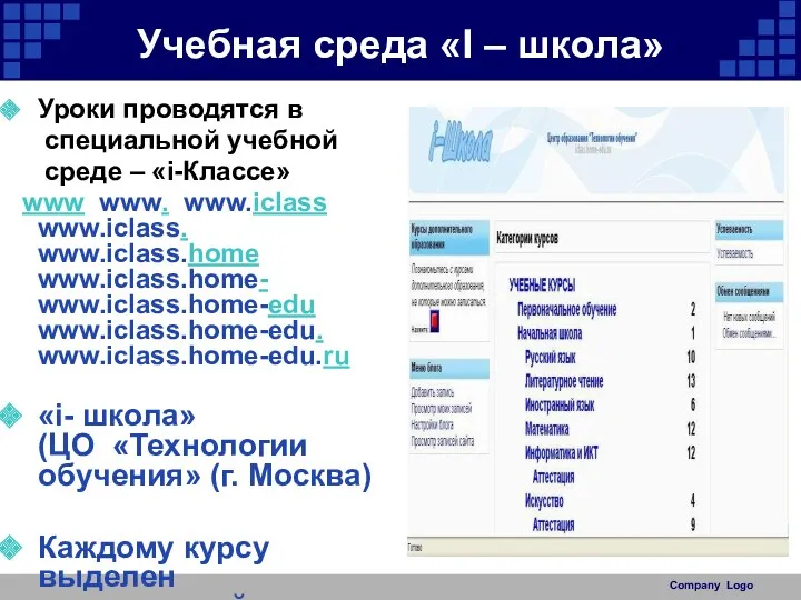 Учебная среда «I – школа» Уроки проводятся в специальной учебной