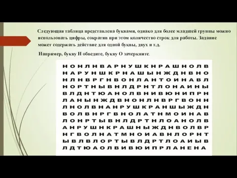 Следующая таблица представлена буквами, однако для более младшей группы можно