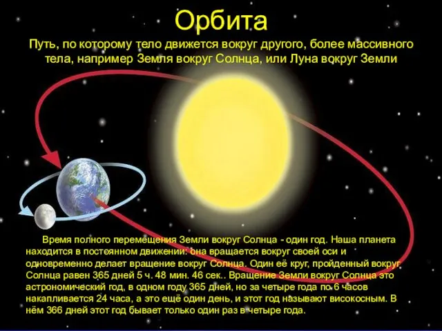 Орбита Путь, по которому тело движется вокруг другого, более массивного тела, например Земля