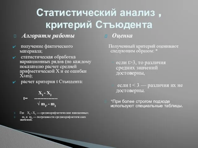 Алгоритм работы получение фактического материала; статистическая обработка вариационных рядов (по