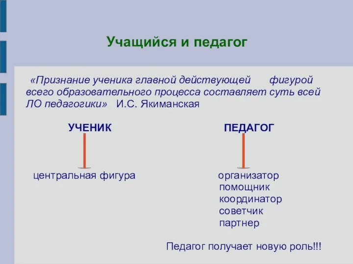 Учащийся и педагог «Признание ученика главной действующей фигурой всего образовательного