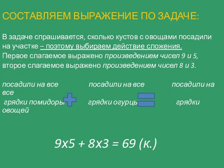 СОСТАВЛЯЕМ ВЫРАЖЕНИЕ ПО ЗАДАЧЕ: В задаче спрашивается, сколько кустов с