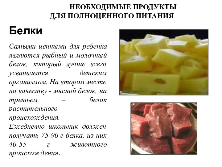 НЕОБХОДИМЫЕ ПРОДУКТЫ ДЛЯ ПОЛНОЦЕННОГО ПИТАНИЯ Белки Самыми ценными для ребенка