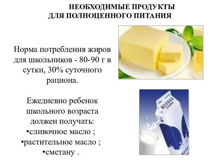 НЕОБХОДИМЫЕ ПРОДУКТЫ ДЛЯ ПОЛНОЦЕННОГО ПИТАНИЯ Норма потребления жиров для школьников