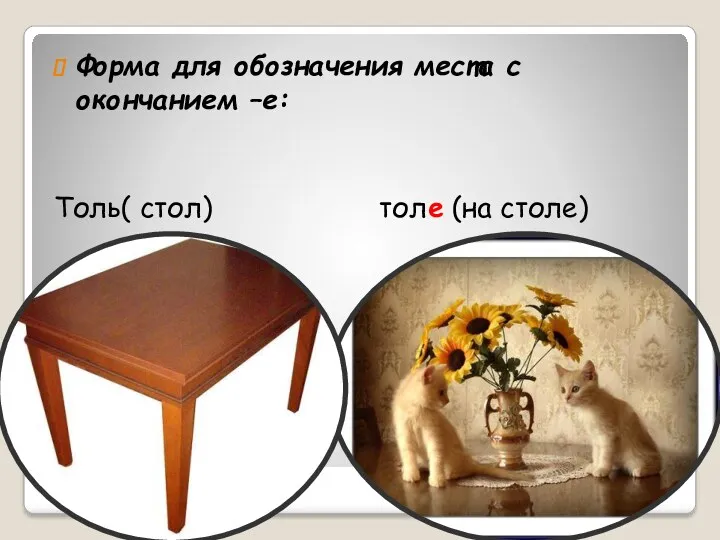 Форма для обозначения места с окончанием –е: Толь( стол) толе (на столе)