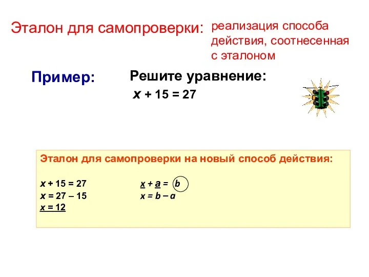 Решите уравнение: х + 15 = 27 Пример: Эталон для самопроверки на новый