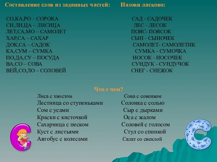 Составление слов из заданных частей: Назови ласково: СО,КА,РО – СОРОКА