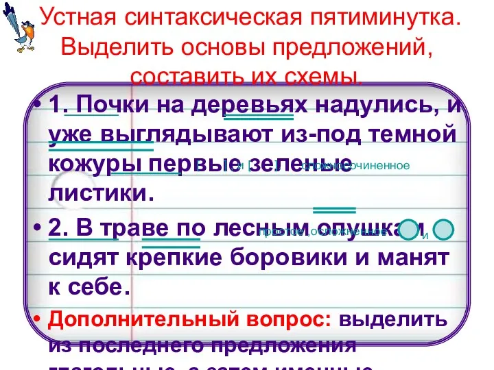 Устная синтаксическая пятиминутка. Выделить основы предложений, составить их схемы. 1.