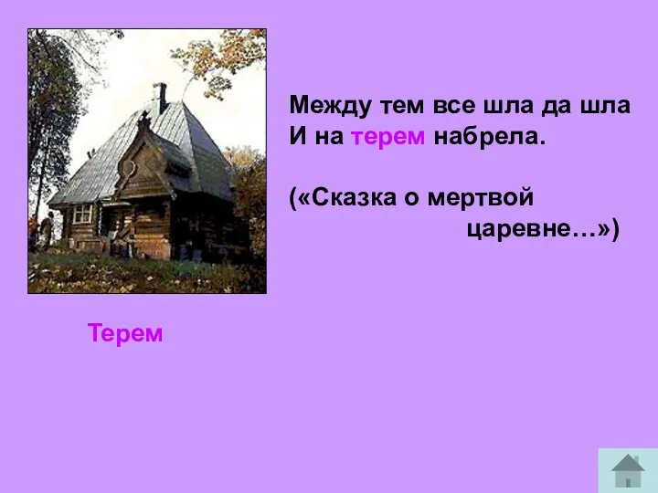 Терем Между тем все шла да шла И на терем набрела. («Сказка о мертвой царевне…»)