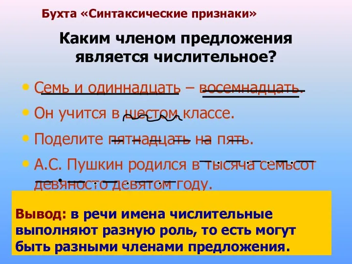 Каким членом предложения является числительное? Семь и одиннадцать – восемнадцать.