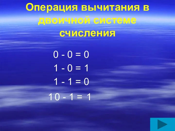 Операция вычитания в двоичной системе счисления 0 - 0 =