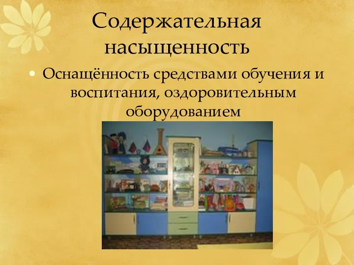 Содержательная насыщенность Оснащённость средствами обучения и воспитания, оздоровительным оборудованием