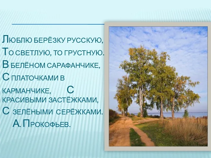 люблю берёзку русскую, то светлую, то грустную. в белёном сарафанчике,