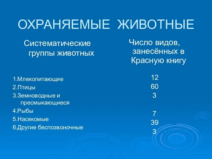 ОХРАНЯЕМЫЕ ЖИВОТНЫЕ Систематические группы животных 1.Млекопитающие 2.Птицы 3.Земноводные и пресмыкающиеся