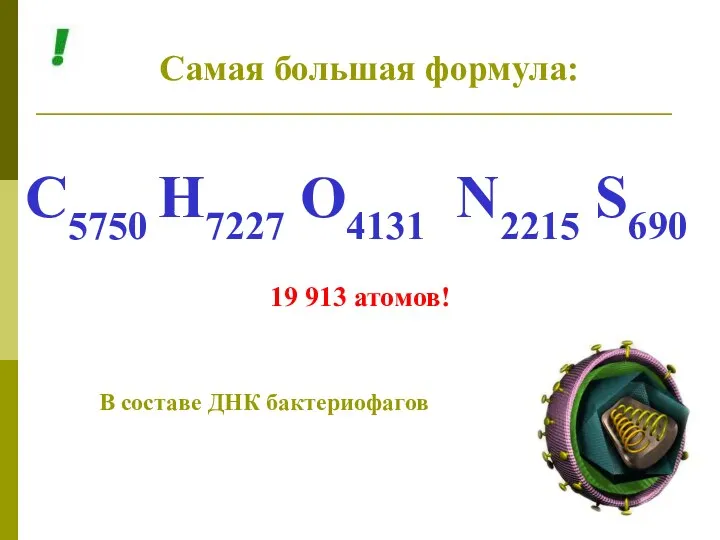 Самая большая формула: C5750 H7227 О4131 N2215 S690 В составе ДНК бактериофагов 19 913 атомов!