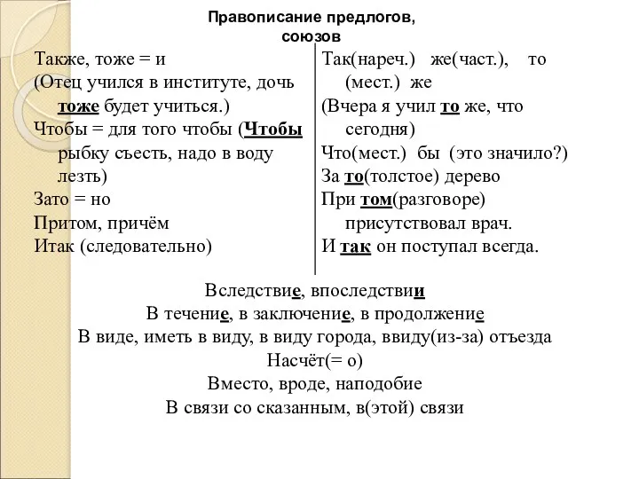 Правописание предлогов, союзов