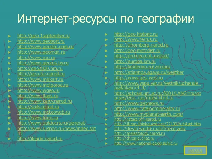Интернет-ресурсы по географии http://geo.1september.ru http://www.geoport.ru http://www.geosite.com.ru http://www.geoman.ru http://www.rgo.ru http://www.georus.by.ru http://geo2000.nm.ru http://geo-tur.narod.ru http://www.mirkart.ru http://www.mojgorod.ru