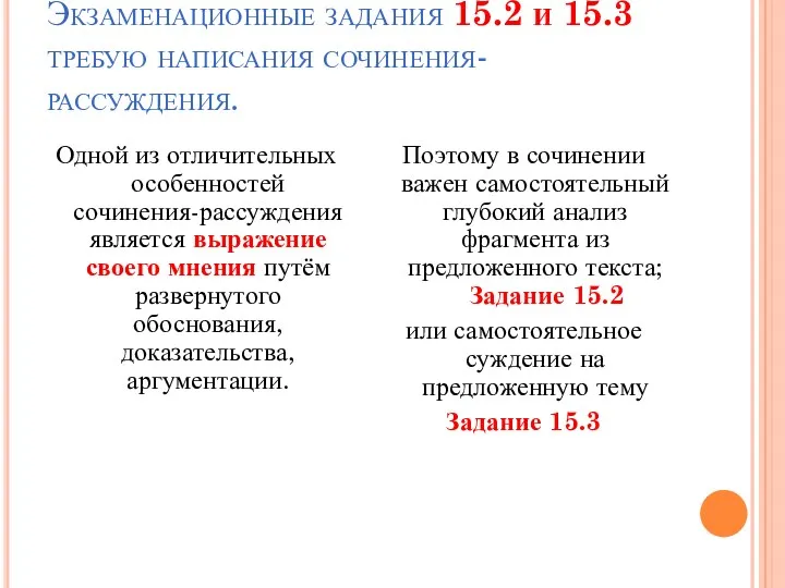 Экзаменационные задания 15.2 и 15.3 требую написания сочинения- рассуждения. Одной