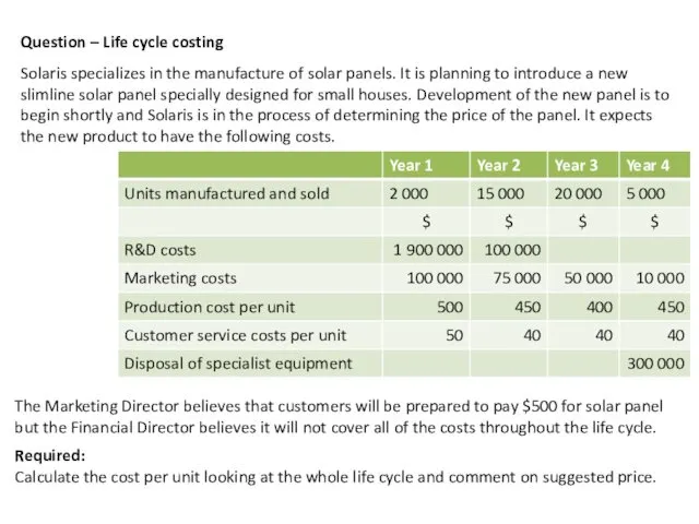 Question – Life cycle costing Solaris specializes in the manufacture