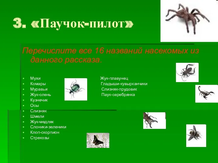3. «Паучок-пилот» Перечислите все 16 названий насекомых из данного рассказа.